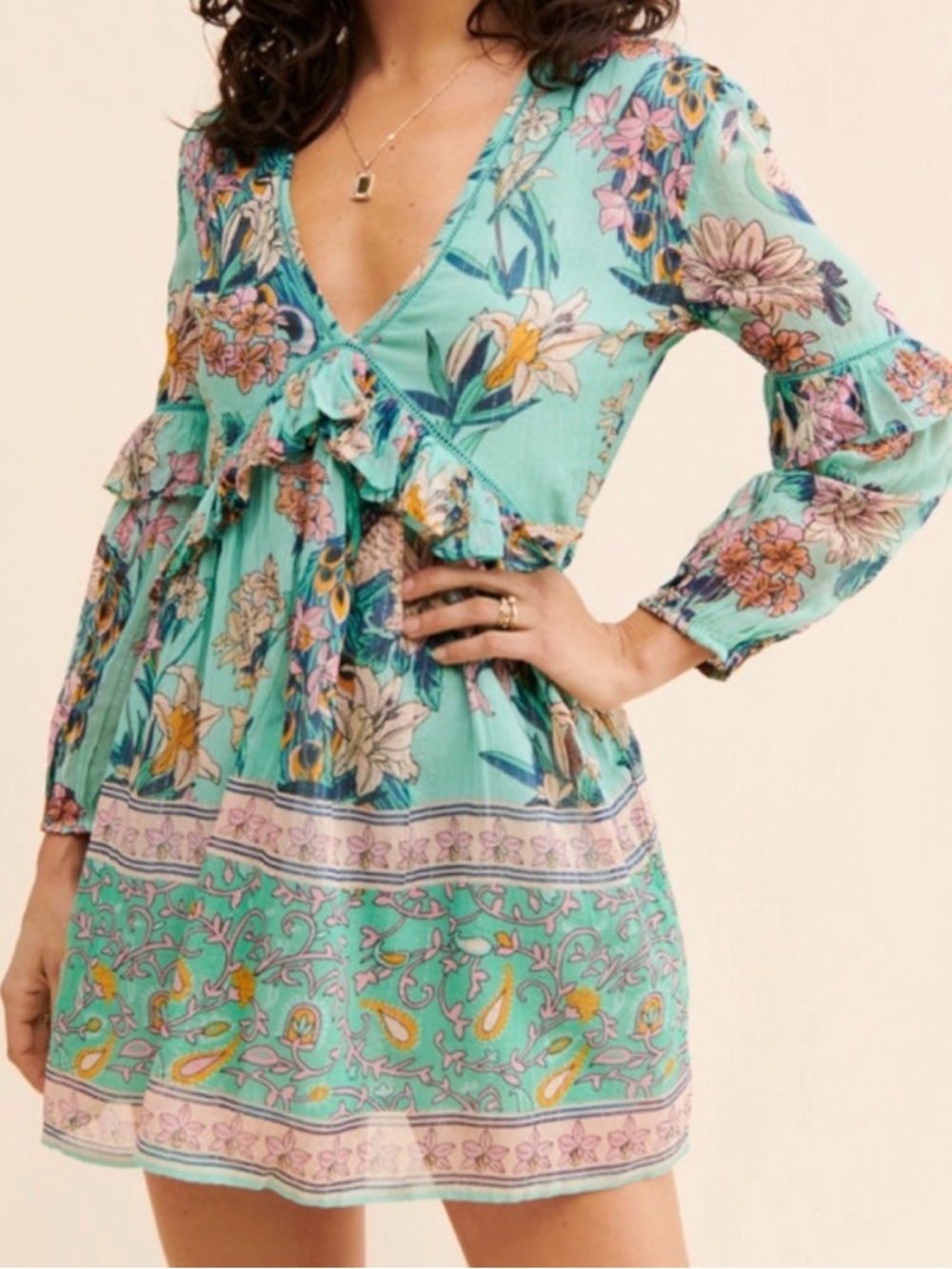 RAGA Mint Floral Boho Mini Dress with Pink & Yellow Accents